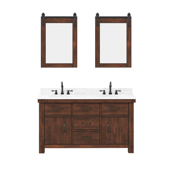 Aberdeen 60 In. Double Sink Carrara White Marble Countertop Vanity in Rustic Sierra with Hook Faucets and Mirrors