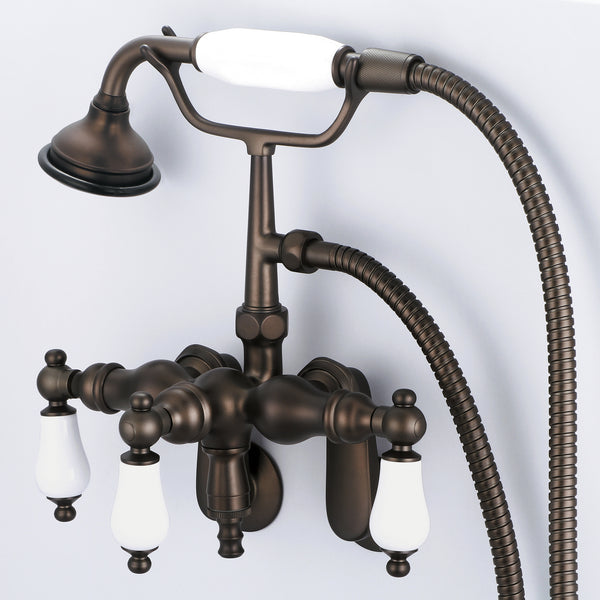 Vintage Classic Adjustable Center Wall Mount Tub Faucet With Down Spout, Swivel Wall Connector & Handheld Shower in Oil-rubbed Bronze Finish Finish With Porcelain Lever Handles Without labels