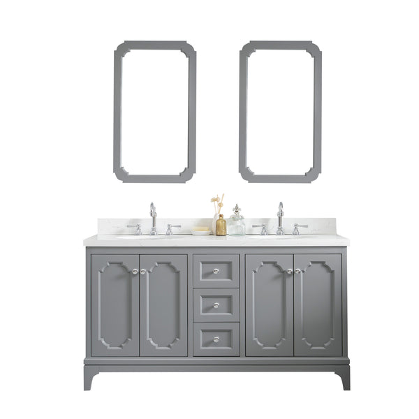 Queen 60-Inch Double Sink Quartz Carrara Vanity In Cashmere Grey With Matching Mirror(s) and F2-0012-01-TL Lavatory Faucet(s)