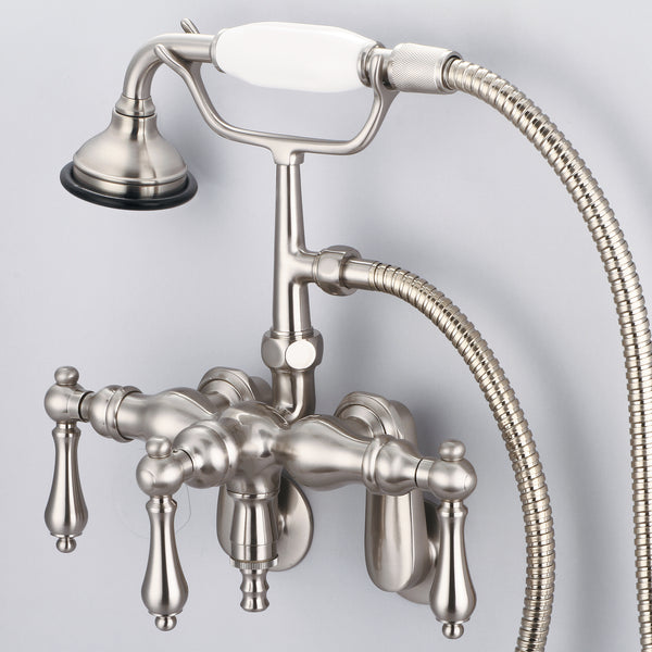 Vintage Classic Adjustable Center Wall Mount Tub Faucet With Down Spout, Swivel Wall Connector & Handheld Shower in Brushed Nickel Finish With Metal Lever Handles Without Labels