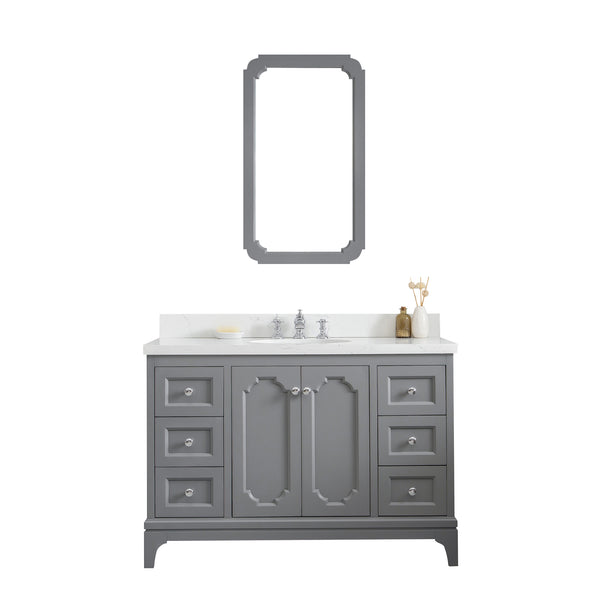 Queen 48-Inch Single Sink Quartz Carrara Vanity In Cashmere Grey With Matching Mirror(s) and F2-0013-01-FX Lavatory Faucet(s)