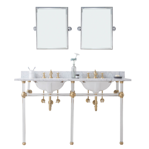 Empire 60 Inch Wide Double Wash Stand, P-Trap, Counter Top with Basin, F2-0013 Faucet and Mirror included in Satin Gold Finish