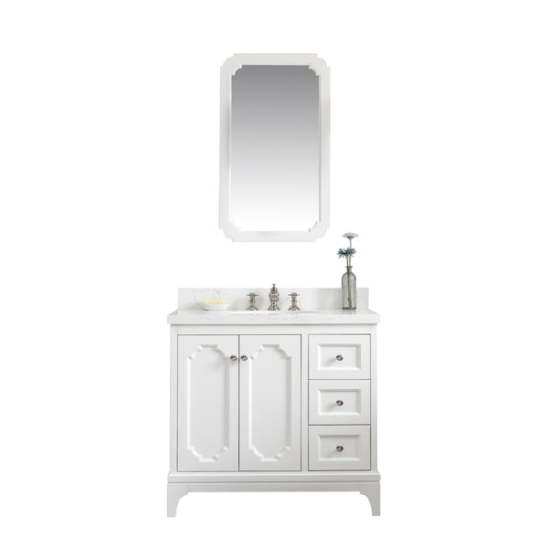 Queen 36-Inch Single Sink Quartz Carrara Vanity In Pure White With Matching Mirror(s) and F2-0013-05-FX Lavatory Faucet(s)