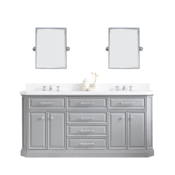 72" Palace Collection Quartz Carrara Cashmere Grey Bathroom Vanity Set With Hardware And F2-0009 Faucets, Mirror in Chrome Finish