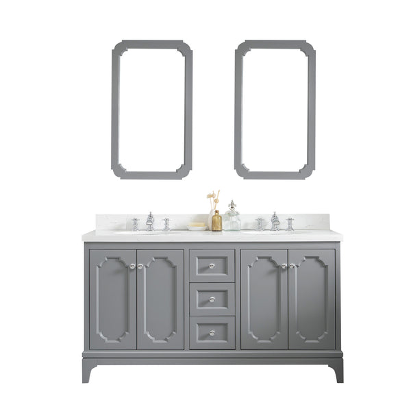 Queen 60-Inch Double Sink Quartz Carrara Vanity In Cashmere Grey With Matching Mirror(s) and F2-0013-01-FX Lavatory Faucet(s)