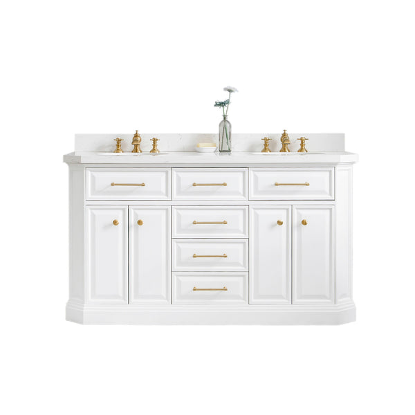 60" Palace Collection Quartz Carrara Pure White Bathroom Vanity Set With Hardware in Satin Gold Finish And Only Mirrors in Chrome Finish