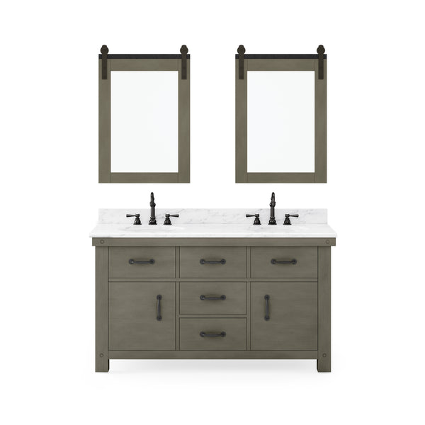 Aberdeen 60 In. Double Sink Carrara White Marble Countertop Vanity in Grizzle Gray with Mirrors