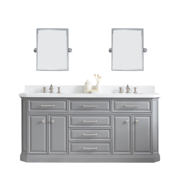 72" Palace Collection Quartz Carrara Cashmere Grey Bathroom Vanity Set With Hardware And F2-0013 Faucets, Mirror in Polished Nickel (PVD) Finish
