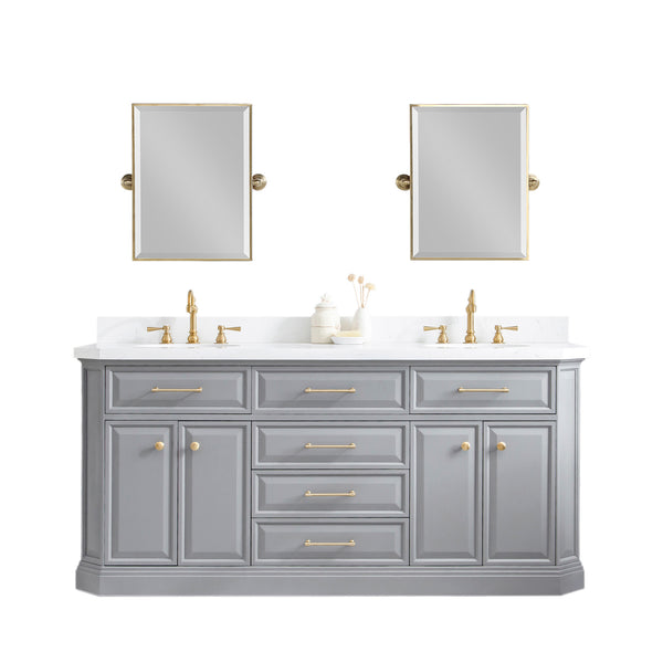 72" Palace Collection Quartz Carrara Cashmere Grey Bathroom Vanity Set With Hardware And F2-0012 Faucets in Satin Gold Finish And Only Mirrors in Chrome Finish