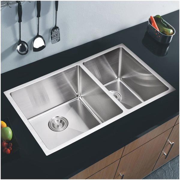 33 Inch X 20 Inch 15mm Corner Radius 60/40 Double Bowl Stainless Steel Hand Made Undermount Kitchen Sink With Drains and Strainers