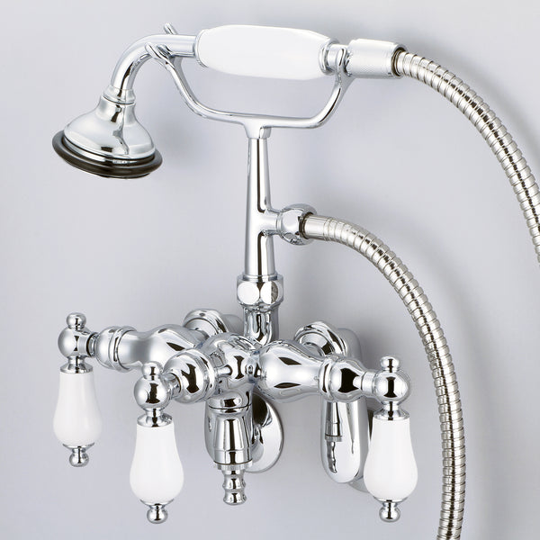 Vintage Classic Adjustable Center Wall Mount Tub Faucet With Down Spout, Swivel Wall Connector & Handheld Shower in Chrome Finish With Porcelain Lever Handles Without labels
