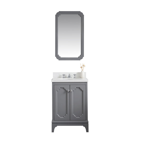 Queen 24-Inch Single Sink Quartz Carrara Vanity In Cashmere Grey With Matching Mirror(s) and F2-0009-01-BX Lavatory Faucet(s)