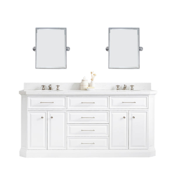 72" Palace Collection Quartz Carrara Pure White Bathroom Vanity Set With Hardware And F2-0009 Faucets, Mirror in Polished Nickel (PVD) Finish