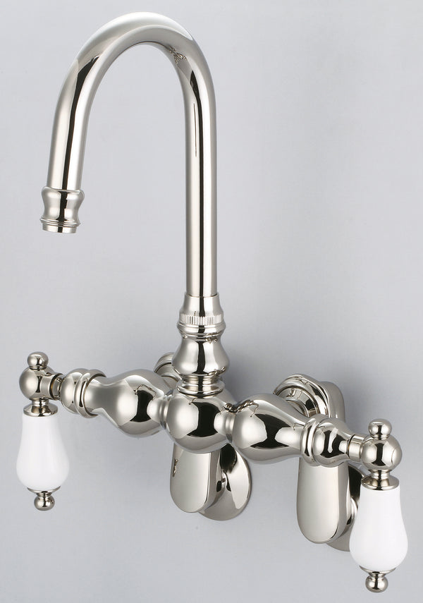 Vintage Classic Adjustable Spread Wall Mount Tub Faucet With Gooseneck Spout & Swivel Wall Connector in Polished Nickel (PVD) Finish With Porcelain Lever Handles Without labels