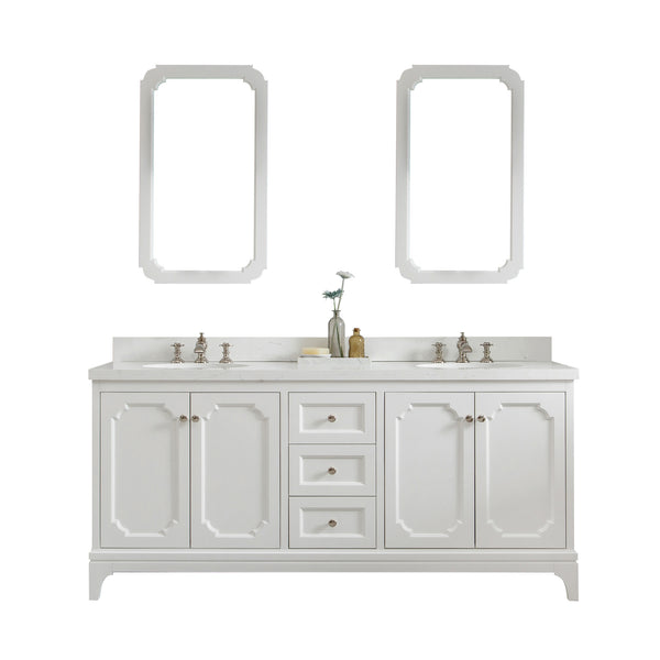 Queen 72-Inch Double Sink Quartz Carrara Vanity In Pure White With Matching Mirror(s) and F2-0013-05-FX Lavatory Faucet(s)