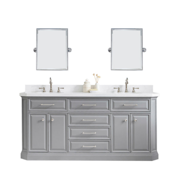 72" Palace Collection Quartz Carrara Cashmere Grey Bathroom Vanity Set With Hardware And F2-0012 Faucets, Mirror in Polished Nickel (PVD) Finish