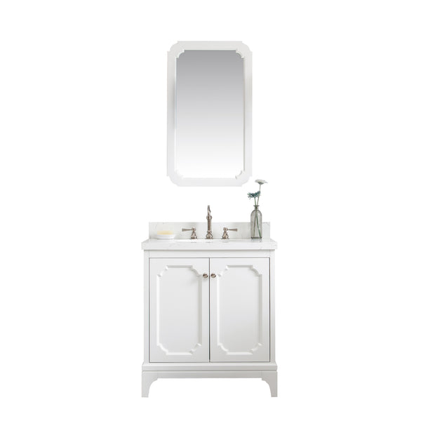 Queen 30-Inch Single Sink Quartz Carrara Vanity In Pure White With Matching Mirror(s) and F2-0012-05-TL Lavatory Faucet(s)