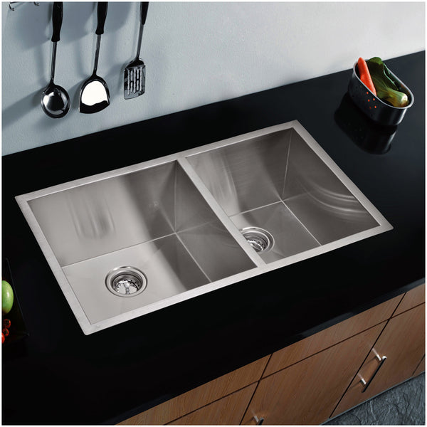 33 Inch X 20 Inch Zero Radius 60/40 Double Bowl Stainless Steel Hand Made Undermount Kitchen Sink With Drains, Strainers, And Bottom Grids