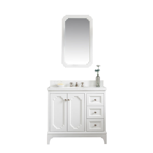 Queen 36-Inch Single Sink Quartz Carrara Vanity In Pure White With Matching Mirror(s)