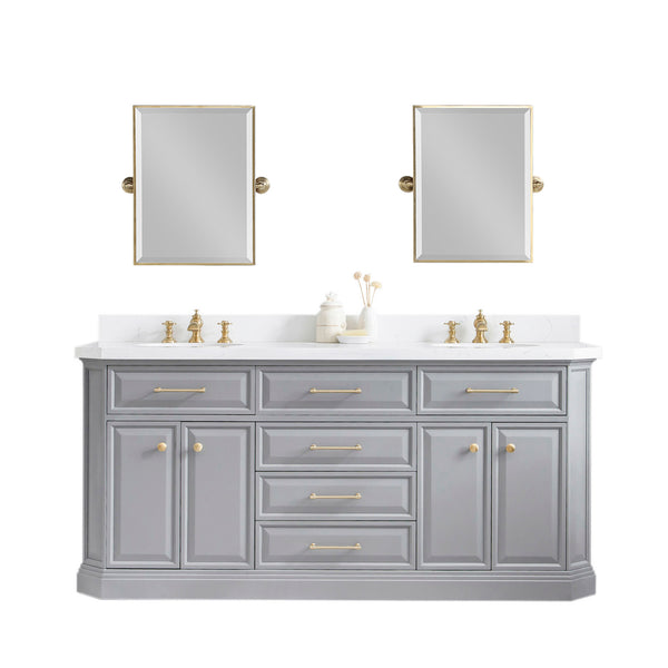 72" Palace Collection Quartz Carrara Cashmere Grey Bathroom Vanity Set With Hardware And F2-0013 Faucets in Satin Gold Finish And Only Mirrors in Chrome Finish