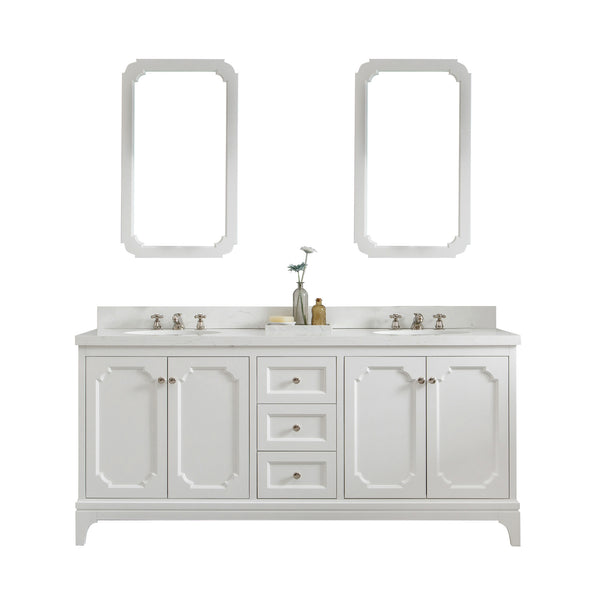 Queen 72-Inch Double Sink Quartz Carrara Vanity In Pure White With Matching Mirror(s) and F2-0009-05-BX Lavatory Faucet(s)