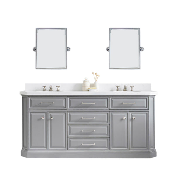 72" Palace Collection Quartz Carrara Cashmere Grey Bathroom Vanity Set With Hardware And F2-0009 Faucets, Mirror in Polished Nickel (PVD) Finish
