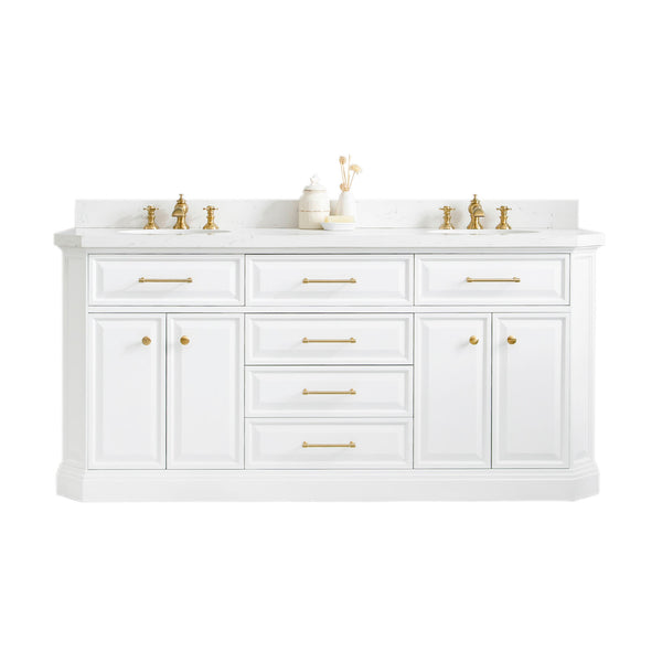 72" Palace Collection Quartz Carrara Pure White Bathroom Vanity Set With Hardware in Satin Gold Finish And Only Mirrors in Chrome Finish