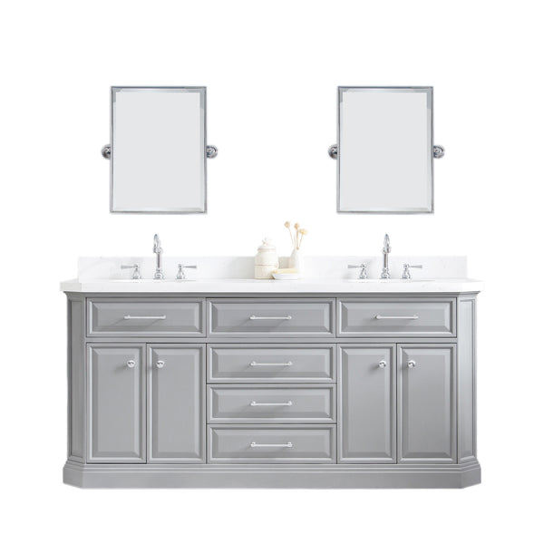 72" Palace Collection Quartz Carrara Cashmere Grey Bathroom Vanity Set With Hardware And F2-0012 Faucets, Mirror in Chrome Finish