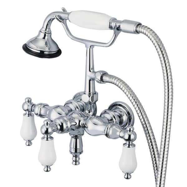 Vintage Classic 3.375 Inch Center Wall Mount Tub Faucet With Down Spout, Straight Wall Connector & Handheld Shower in Chrome Finish With Porcelain Lever Handles Without labels