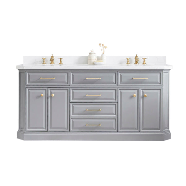 72" Palace Collection Quartz Carrara Cashmere Grey Bathroom Vanity Set With Hardware in Satin Gold Finish And Only Mirrors in Chrome Finish