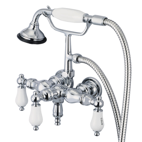 Vintage Classic 3.375 Inch Center Wall Mount Tub Faucet With Down Spout, Straight Wall Connector & Handheld Shower in Chrome Finish With Porcelain Lever Handles, Hot And Cold Labels Included