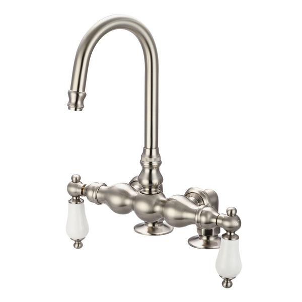 Vintage Classic 3.375 Inch Center Deck Mount Tub Faucet With Gooseneck Spout & 2 Inch Risers in Brushed Nickel Finish With Porcelain Lever Handles Without labels