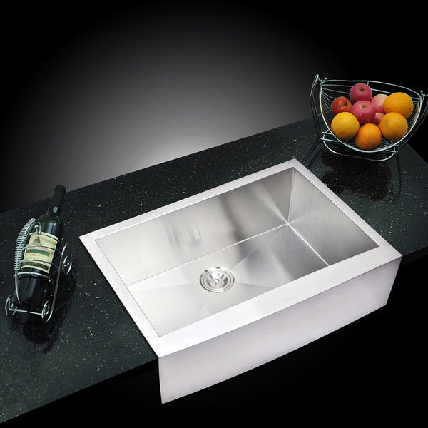 33 Inch X 22 Inch Zero Radius Single Bowl Stainless Steel Hand Made Apron Front Kitchen Sink With Drain, Strainer, And Bottom Grid