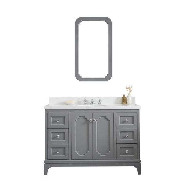 Queen 48-Inch Single Sink Quartz Carrara Vanity In Cashmere Grey With Matching Mirror(s) and F2-0009-01-BX Lavatory Faucet(s)
