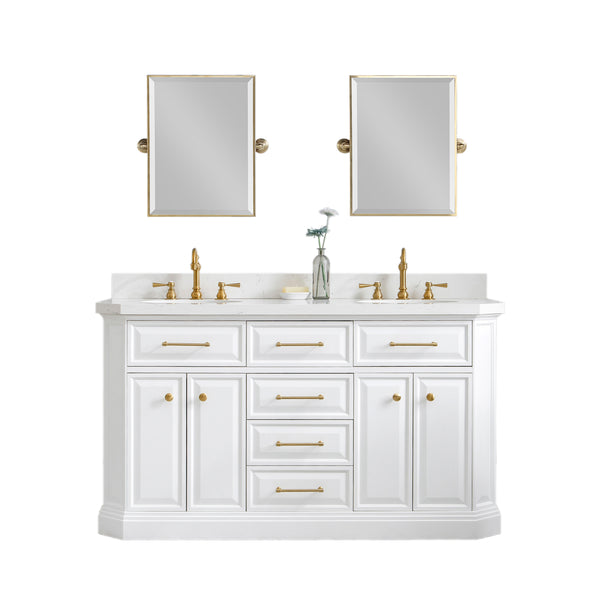 60" Palace Collection Quartz Carrara Pure White Bathroom Vanity Set With Hardware And F2-0012 Faucets in Satin Gold Finish And Only Mirrors in Chrome Finish