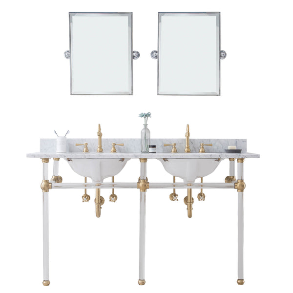Empire 60 Inch Wide Double Wash Stand, P-Trap, Counter Top with Basin, F2-0012 Faucet and Mirror included in Satin Gold Finish