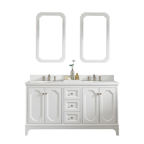 Queen 60-Inch Double Sink Quartz Carrara Vanity In Pure White With Matching Mirror(s) and F2-0013-05-FX Lavatory Faucet(s)
