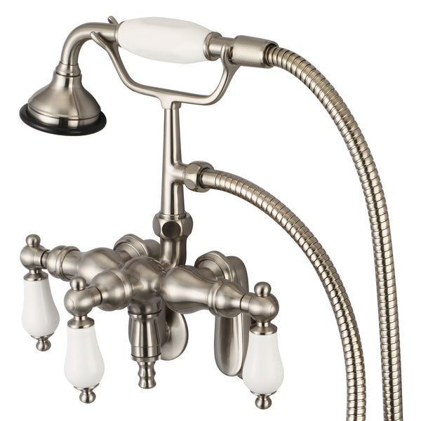 Vintage Classic Adjustable Center Wall Mount Tub Faucet With Down Spout, Swivel Wall Connector & Handheld Shower in Brushed Nickel Finish With Porcelain Lever Handles Without labels