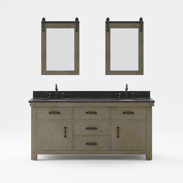 Aberdeen 72 In. Double Sink Blue Limestone Countertop Vanity in Grizzle Gray with Hook Faucet and Mirror