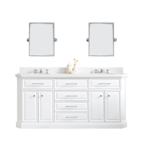 72" Palace Collection Quartz Carrara Pure White Bathroom Vanity Set With Hardware And F2-0009 Faucets, Mirror in Chrome Finish