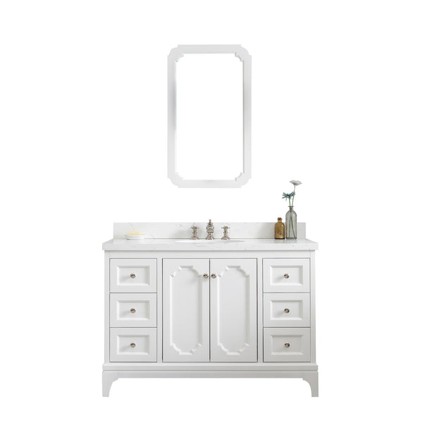 Queen 48-Inch Single Sink Quartz Carrara Vanity In Pure White With Matching Mirror(s) and F2-0013-05-FX Lavatory Faucet(s)
