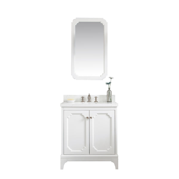Queen 30-Inch Single Sink Quartz Carrara Vanity In Pure White With Matching Mirror(s) and F2-0013-05-FX Lavatory Faucet(s)