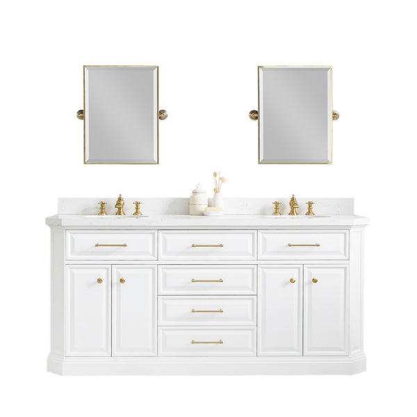 72" Palace Collection Quartz Carrara Pure White Bathroom Vanity Set With Hardware And F2-0013 Faucets in Satin Gold Finish And Only Mirrors in Chrome Finish