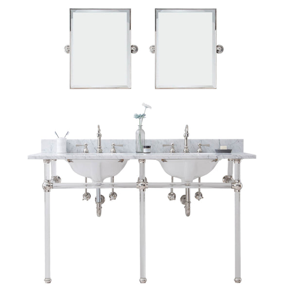 Empire 60 Inch Wide Double Wash Stand, P-Trap, Counter Top with Basin, F2-0012 Faucet and Mirror included in Polished Nickel (PVD) Finish