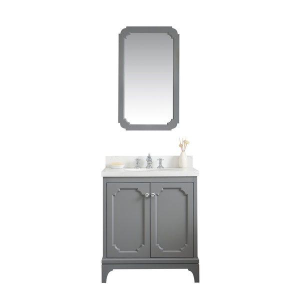 Queen 30-Inch Single Sink Quartz Carrara Vanity In Cashmere Grey With Matching Mirror(s) and F2-0013-01-FX Lavatory Faucet(s)