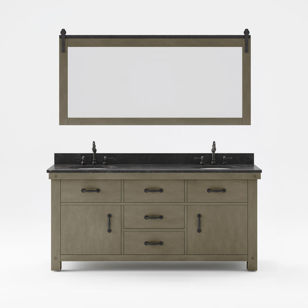 Aberdeen 72 In. Double Sink Blue Limestone Countertop Vanity in Grizzle Gray with Hook Faucet and Mirror