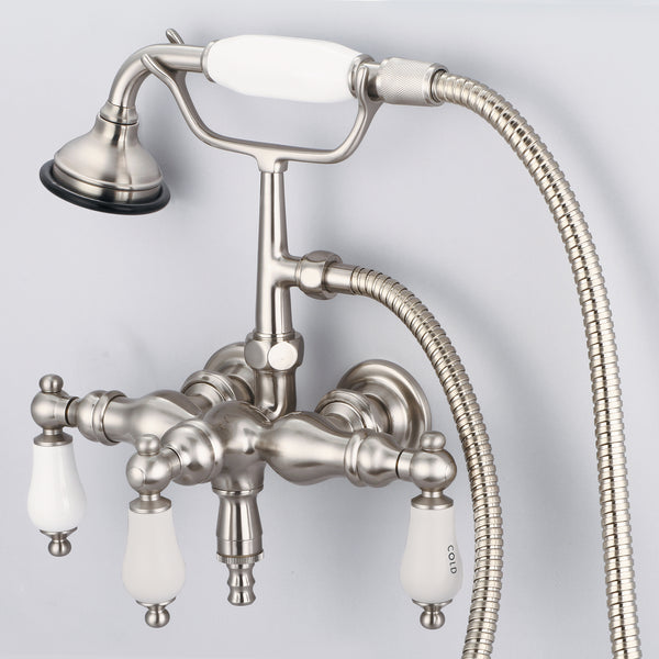 Vintage Classic 3.375 Inch Center Wall Mount Tub Faucet With Down Spout, Straight Wall Connector & Handheld Shower in Brushed Nickel Finish With Porcelain Lever Handles, Hot And Cold Labels Included