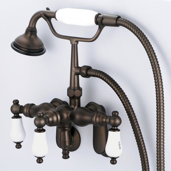Vintage Classic Adjustable Center Wall Mount Tub Faucet With Down Spout, Swivel Wall Connector & Handheld Shower in Oil-rubbed Bronze Finish Finish With Porcelain Lever Handles, Hot And Cold Labels Included