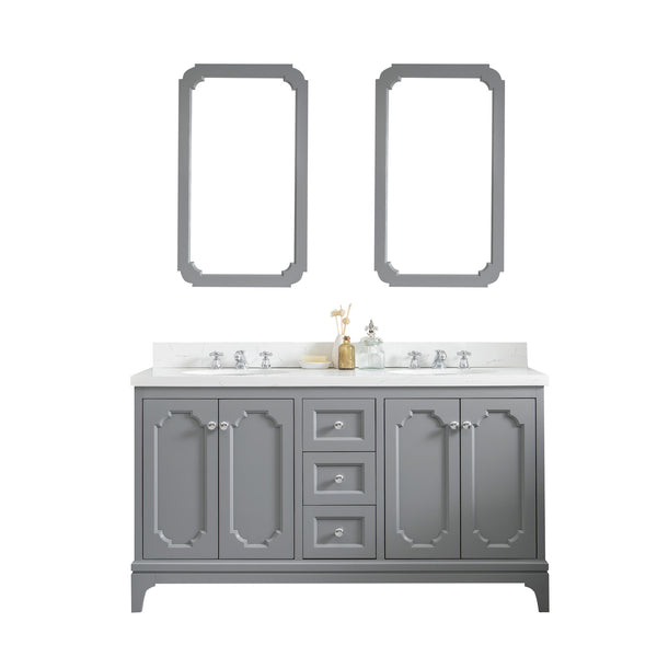 Queen 60-Inch Double Sink Quartz Carrara Vanity In Cashmere Grey With Matching Mirror(s) and F2-0009-01-BX Lavatory Faucet(s)