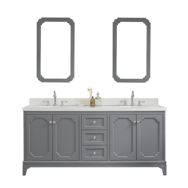 Queen 72-Inch Double Sink Quartz Carrara Vanity In Cashmere Grey With Matching Mirror(s) and F2-0012-01-TL Lavatory Faucet(s)